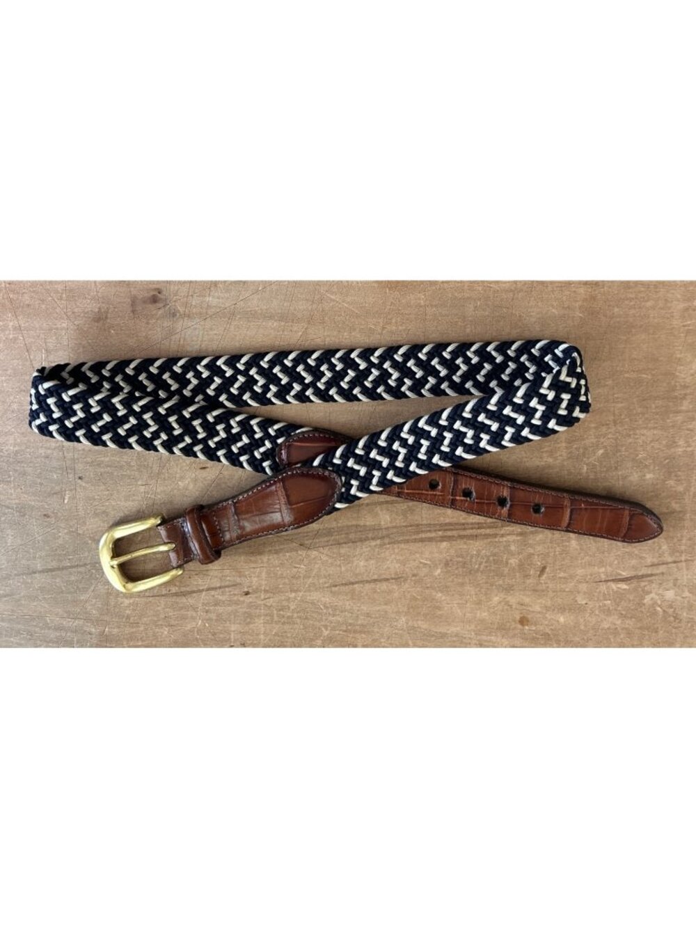 Brighton Mens 34 Navy Braided Cord Belt Brown Croc Leather Solid Brass Buckle